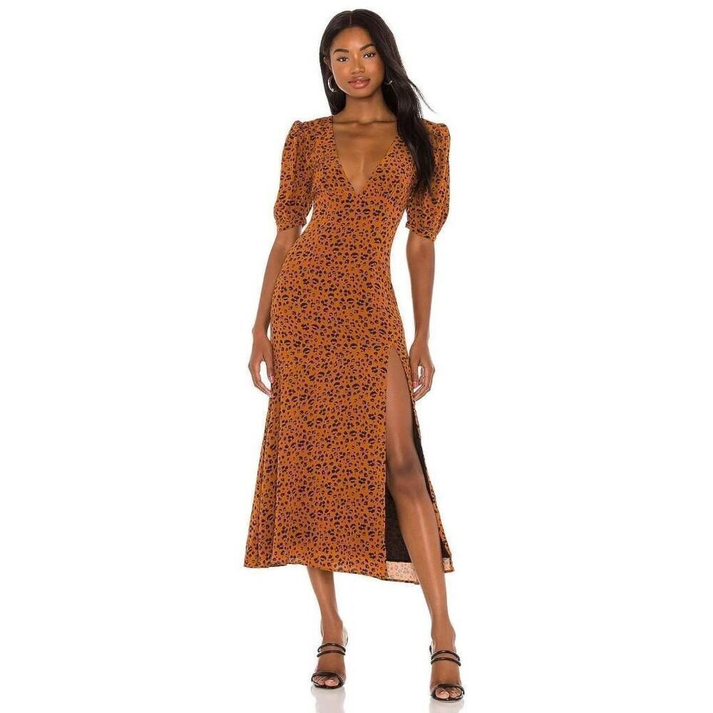 Privacy Please Emmy Midi Dress‎ Women's Size Small Copper Leopard Print V-Neck